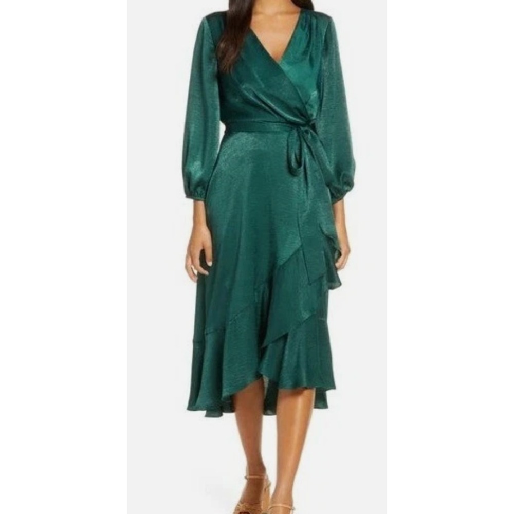 Gal Meets Glam Emerald Green Satin Wrap Midi Dress Long Sleeve High Low Ruffle 2